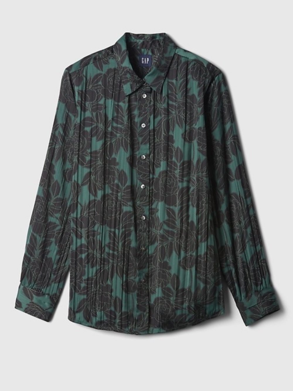 GAP Pleated Satin Boyfriend Shirt Green & Black Floral Size Large NWT